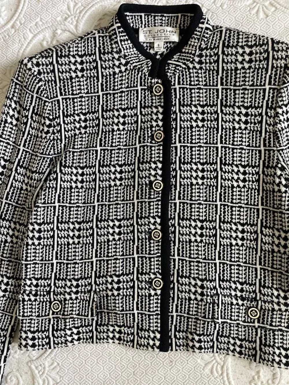 St. John Collection Old Money Abstract Houndstooth Black + White Knit Jacket 8